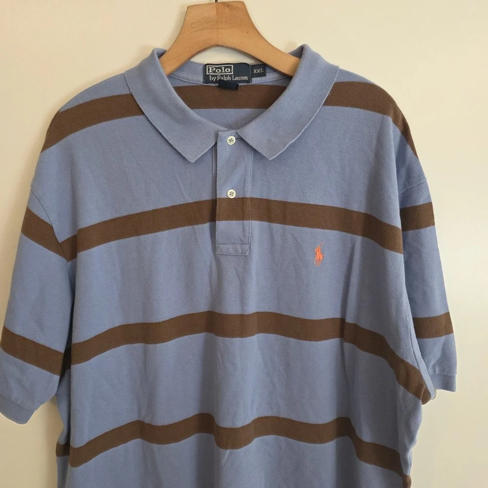 Vintage Polo Ralph Lauren Polo Shirt Blue Brown Striped Short Sleeve Mens 2XL